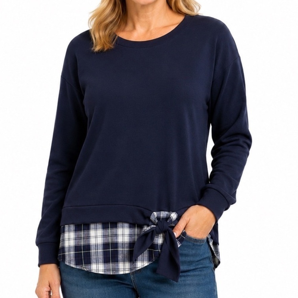 IZOD Womens Blue Plaid Trim Tie Waist Sweatshirt Pullover Top Size LG